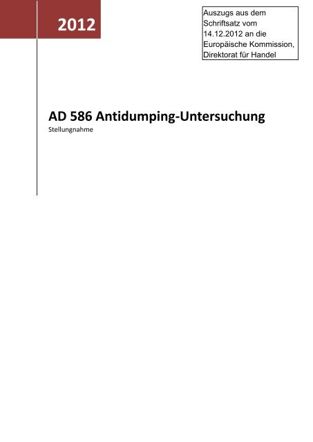 AD 586 Anti-Dumping Investigation - Initiative Seite gegen unfaire ...