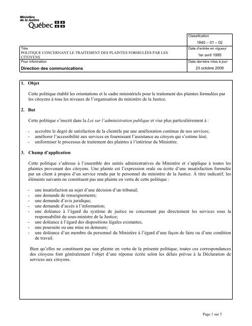 Politique concernant le traitement des plaintes formulÃ©es par les ...