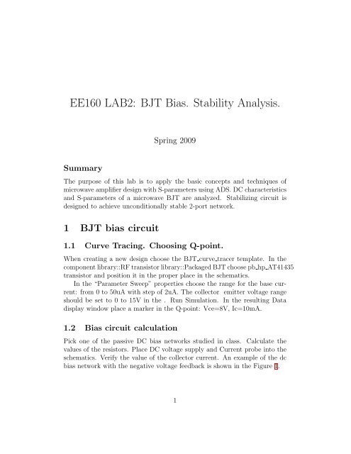 EE160 LAB2: BJT Bias. Stability Analysis.