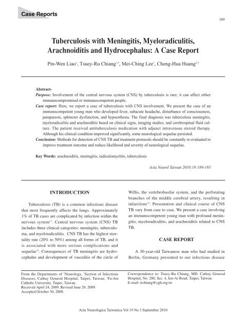 Tuberculosis with Meningitis, Myeloradiculitis ... - Vol.22 No.1