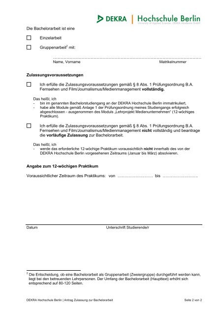 Formular 1 Antrag Zulassung zur Bachelorarbeit - DEKRA ...