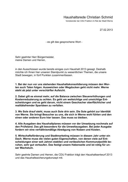 Haushaltsrede Christian Schmid, CDU-Fraktion - Stadt Werne