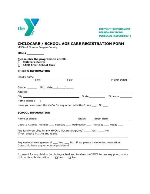 childcare / school age care registration form - YMCA OF THE ...