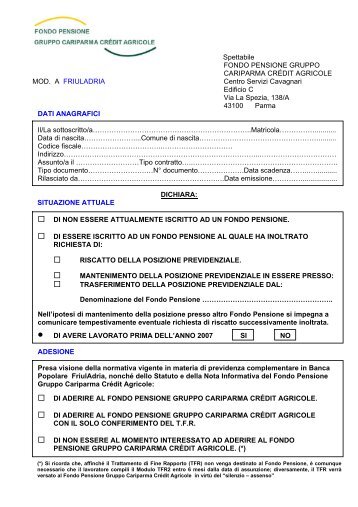 Moduli di adesione - Fondopensionegruppocariparmacreditagricole.it