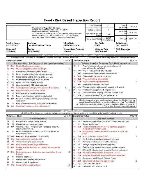 Food - Risk Based Inspection Report - Star Tribune