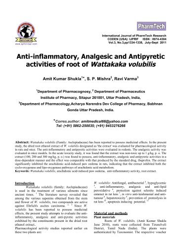 Anti-inflammatory, Analgesic and Antipyretic activities of root