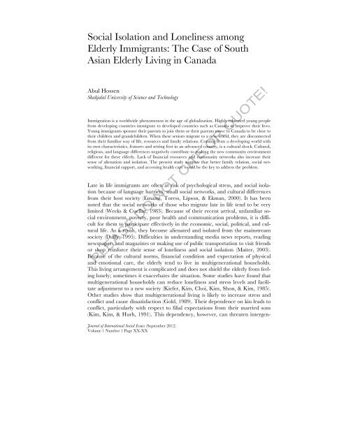 Isolation Immagrant Social Isolation and Loneliness among Elderly Immigrants: The ...