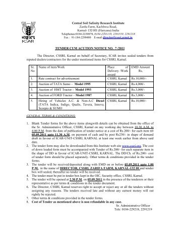 TENDER CUM ACUTION NOTICE NO. 7 /2011 The Director, CSSRI ...