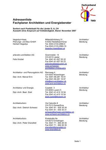 Adressenliste Fachplaner Architekten und Energieberater