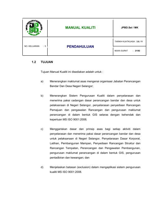 MANUAL KUALITI PENDAHULUAN - JPBD Selangor