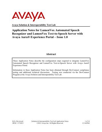 Application Notes for LumenVox Automated Speech ... - Avaya