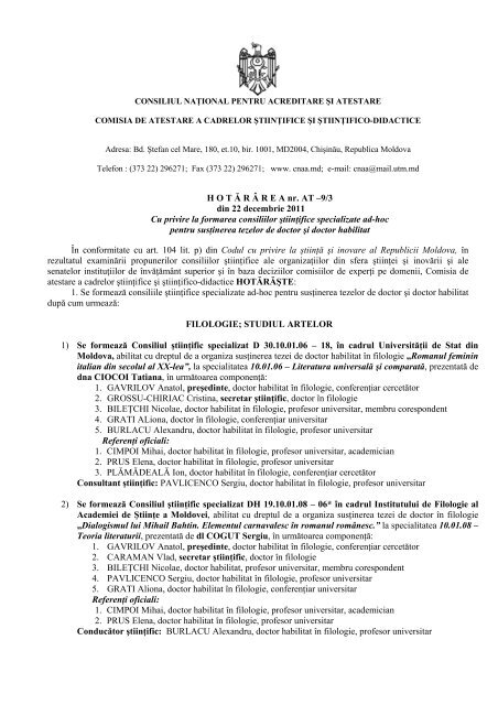 Hotărârea cu privire la formarea consiliilor ştiinţifice specializate ad ...