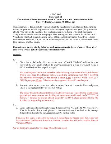 ATOC 1060 Homework #1 Calculations of Solar Radiation, Earth's ...