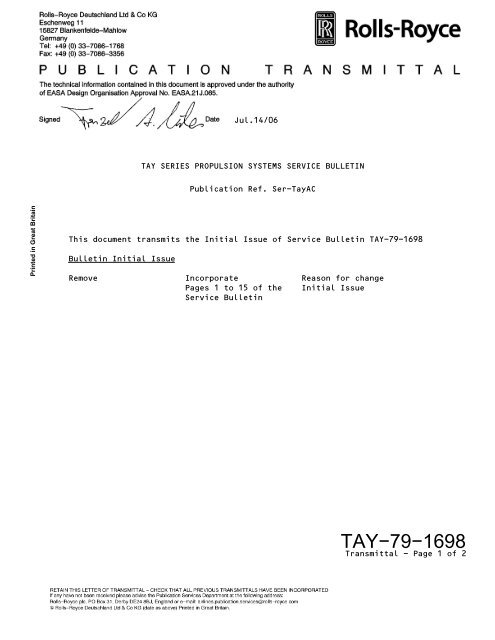 Rolls-Royce Remote Oil Filler Valve Bulletin - Code7700