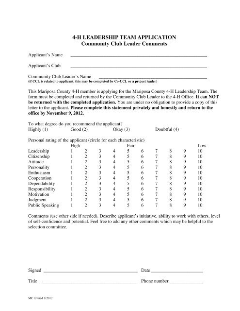 4-H LEADERSHIP TEAM APPLICATION Community Club Leader ...