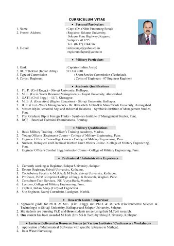 CURRICULUM VITAE • Personal Particulars 1. Name - Solapur ...