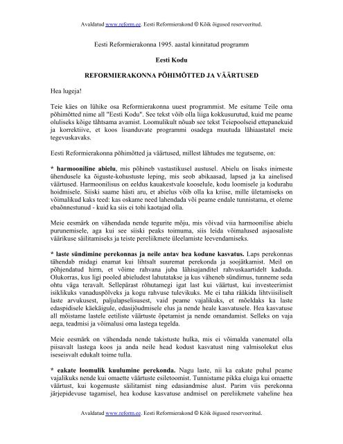 erakonna uus programm "Eesti Kodu" - Reformierakond