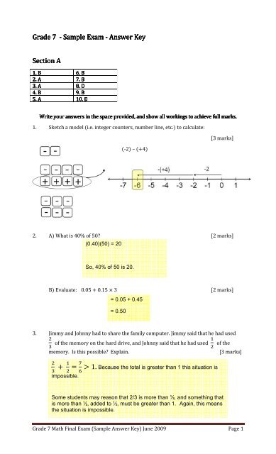 Grade 7 Sample Final Exam Answer Key