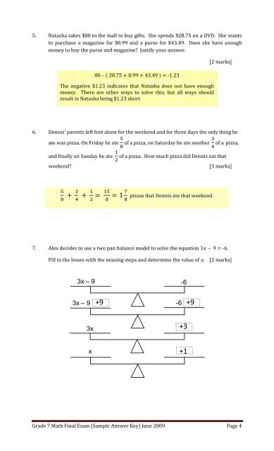 Grade 7 Sample Final Exam Answer Key