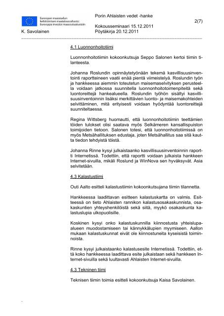 Kokousseminaari pöytäkirja 15.12.2011 - Pori