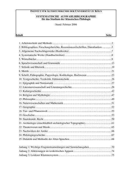 SYSTEMATISCHE AUSWAHLBIBLIOGRAPHIE ... - Universität zu Köln