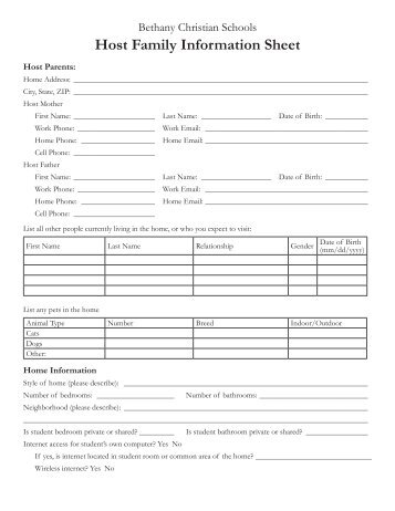 Host Family Information Sheet - Bethany Christian Schools