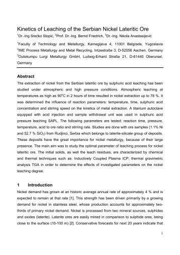 Kinetics of Leaching of the Serbian Nickel Lateritic Ore