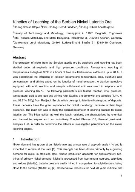 Kinetics of Leaching of the Serbian Nickel Lateritic Ore