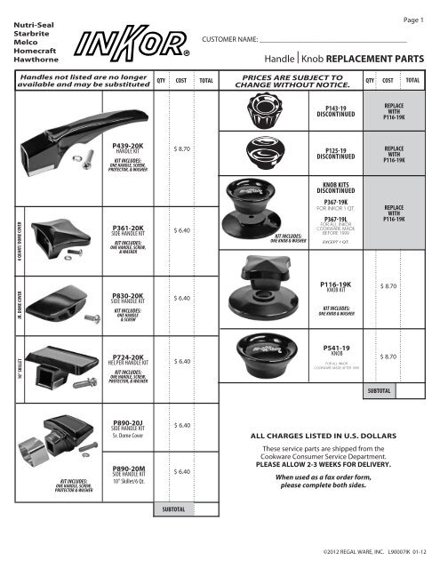 Handle Knob REPLACEMENT PARTS - Regal Ware