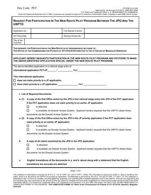 Form SB/10, Request for Participation in the New Route Program ...