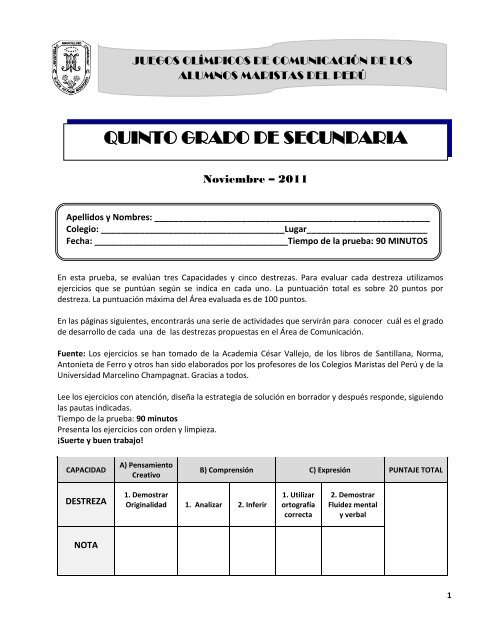 Examen 5to Secundaria - Universidad Marcelino Champagnat