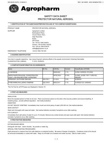 safety data sheet protector natural aerosol - Agropharm Limited