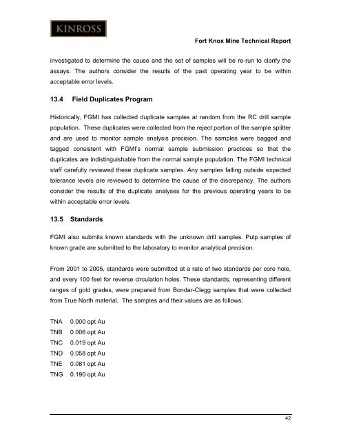 Technical Report for the Fort Knox Mine - Kinross Gold