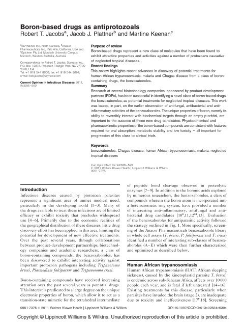 Boron-based drugs as antiprotozoals - Anacor