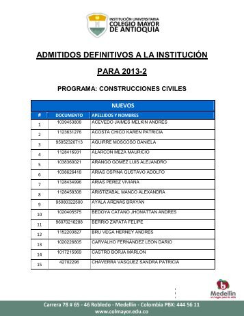 admitidos definitivos a la instituciÃ³n para 2013-2 programa