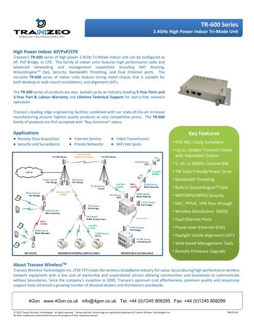 Tranzeo TR-600 Datasheet (PDF) - 4Gon