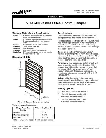 VD-1640 Stainless Steel Control Damper ... - Johnson Controls