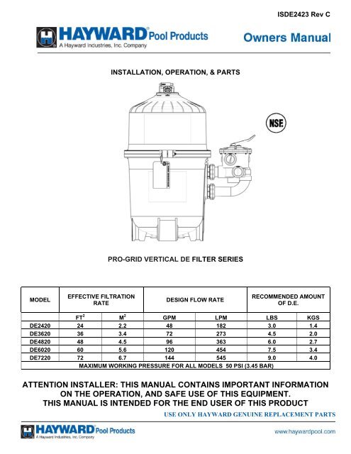 Pro-Grid Vertical DE Filter Series - Installation, Operation ... - Hayward