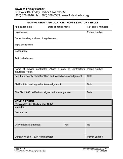 HOUSE MOVING PERMIT APPLICATION - Town of Friday Harbor