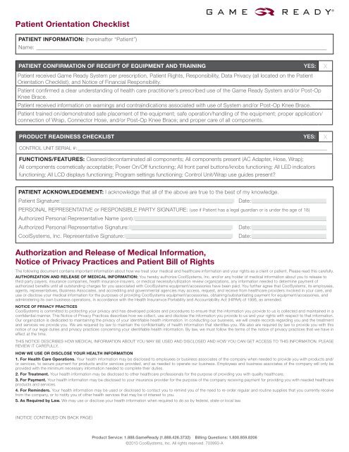 patient orientation checklist & authorization and ... - Game Ready