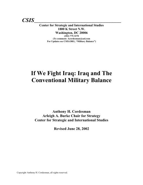 If We Fight Iraq: Iraq and The Conventional Military ... - Iraq Watch