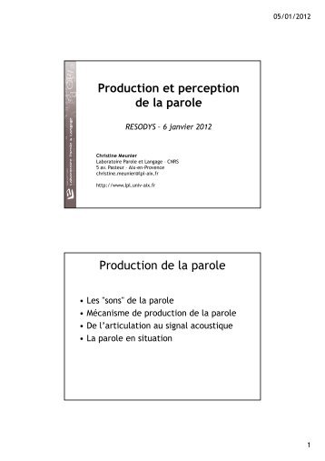 Production et perception de la parole Production de la ... - Resodys