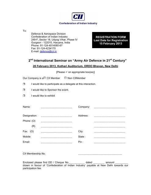 Registration Form - CII National Committee on Defence