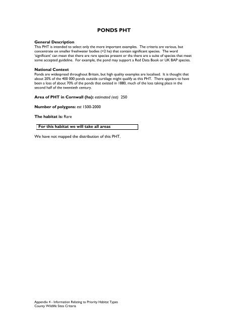 County Wildife Site Criteria for Cornwall Appendices