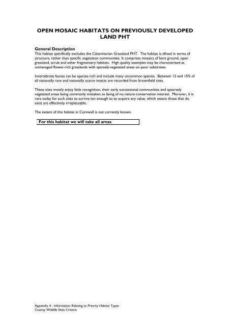 County Wildife Site Criteria for Cornwall Appendices