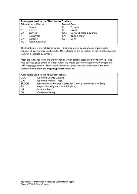 County Wildife Site Criteria for Cornwall Appendices