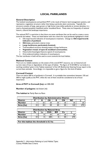 County Wildife Site Criteria for Cornwall Appendices