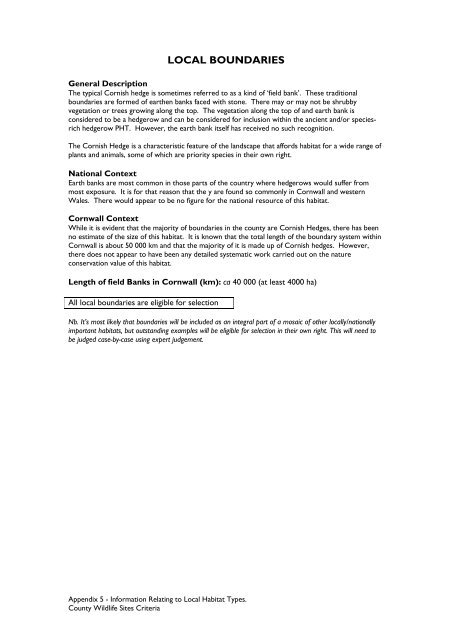 County Wildife Site Criteria for Cornwall Appendices