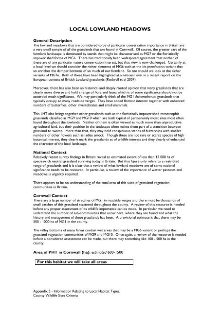 County Wildife Site Criteria for Cornwall Appendices