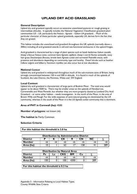 County Wildife Site Criteria for Cornwall Appendices